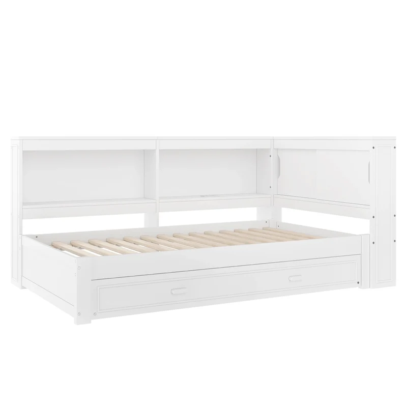 Letto singolo 90x200 cm bianco con letto estraibile; LED e prese USB e Type-C