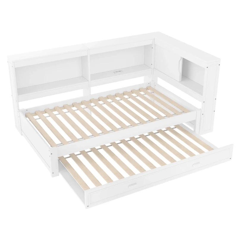 Letto singolo 90x200 cm bianco con letto estraibile; LED e prese USB e Type-C