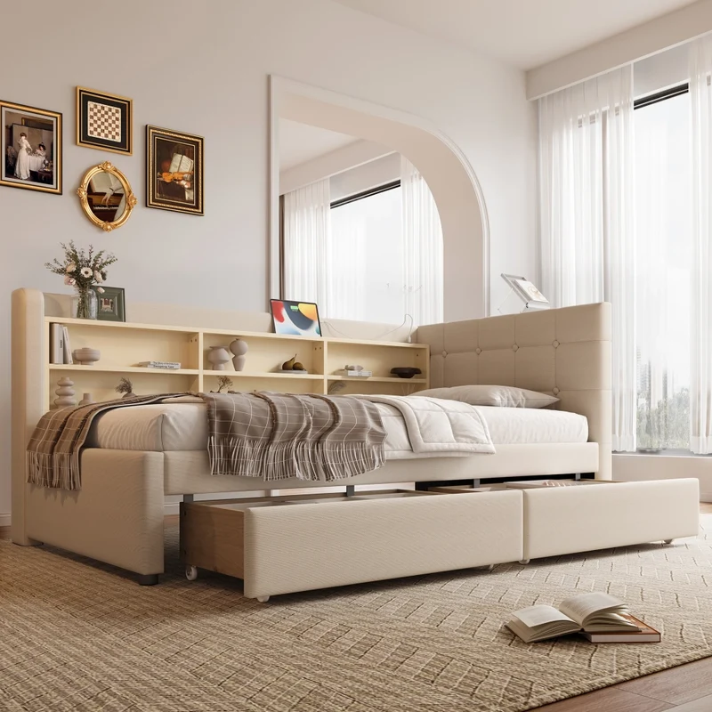 Letto singolo 90x200 cm in lino beige con cassetti; rete a doghe e prese USB