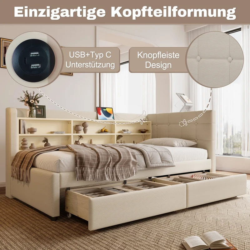 Letto singolo 90x200 cm in lino beige con cassetti; rete a doghe e prese USB