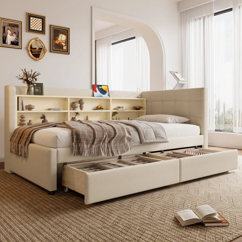 Letto singolo 90x200 cm in lino beige con cassetti; rete a doghe e prese USB