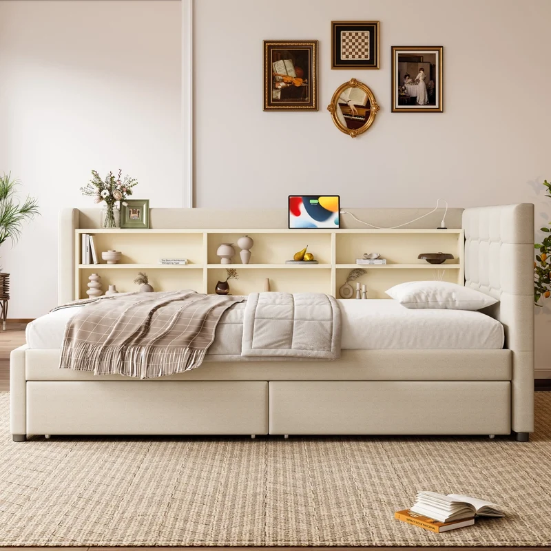Letto singolo 90x200 cm in lino beige con cassetti; rete a doghe e prese USB