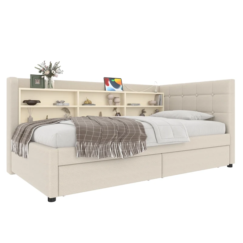 Letto singolo 90x200 cm in lino beige con cassetti; rete a doghe e prese USB