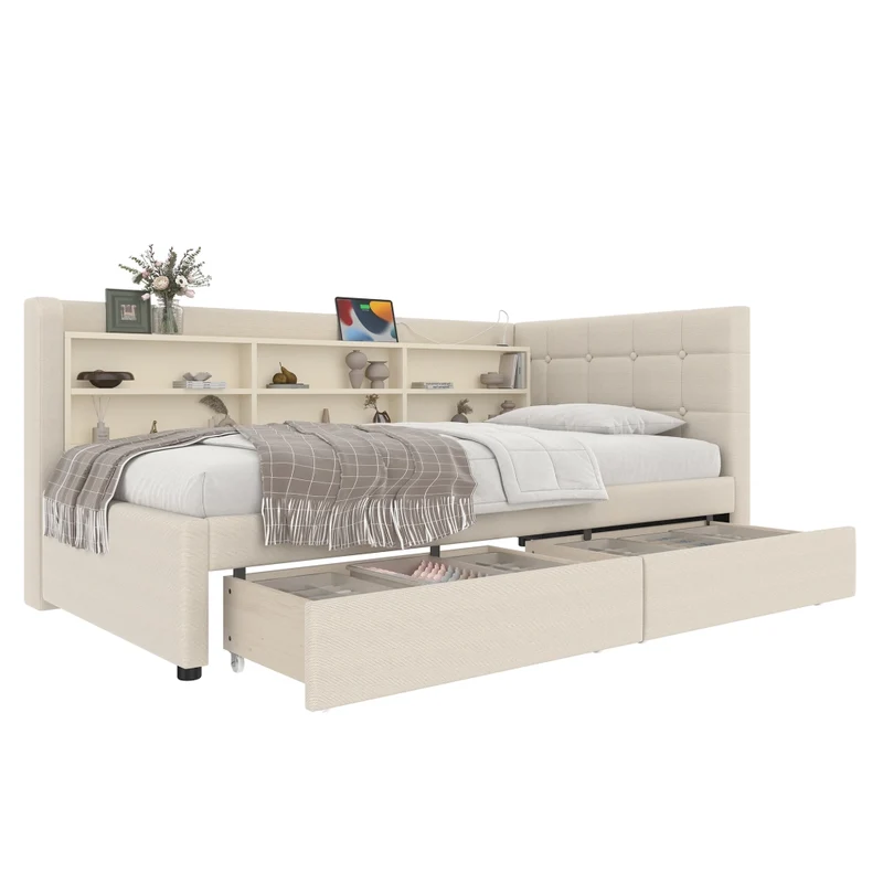Letto singolo 90x200 cm in lino beige con cassetti; rete a doghe e prese USB