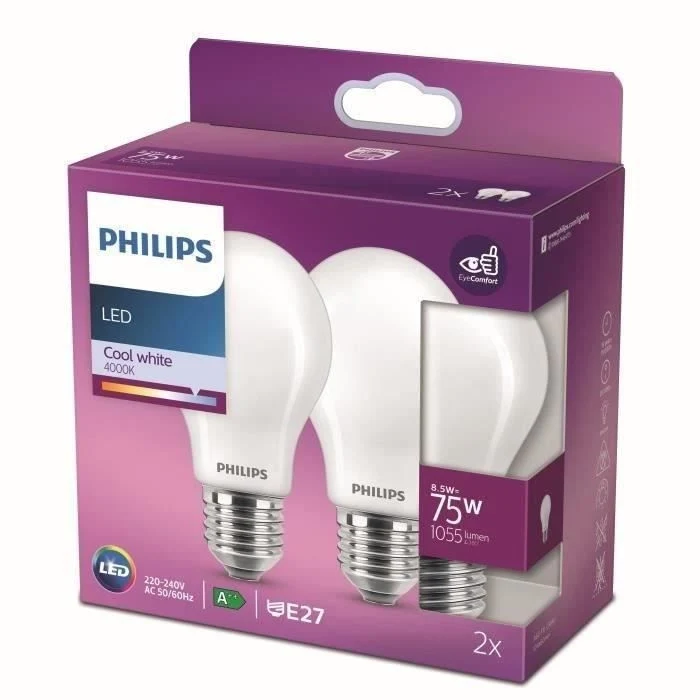 Lampadina LED Philips Equivalente 75W E27 Bianco freddo non dimmerabile, vetro, set di 2