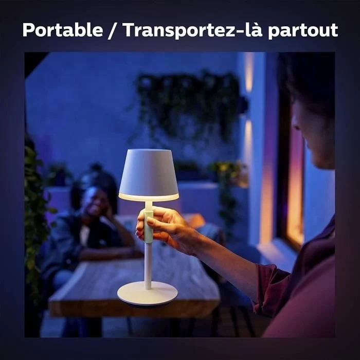 Philips White and Color Ambiance, lampada da tavolo portatile Hue Belle, compatibile Bluetooth, bianca
