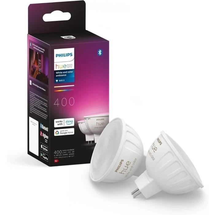 Lampadina connessa - PHILIPS HUE - MR16 - Luce bianca e colorata - Compatibile con Bluetooth - Confezione da 2 - Funziona con app e comando vocale