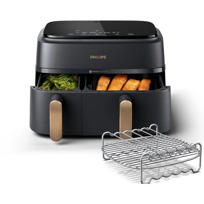 Friggitrice senza olio - PHILIPS - NA352/04 - 9L - Doppio cestello - Touch screen + Accessori - Nero